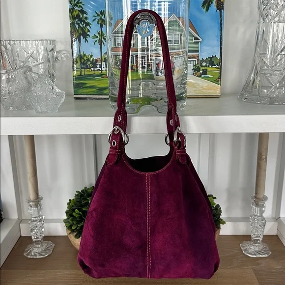 Authentic Vintage Prada Suede Triangle Logo Tote Bag –Plum color– Made in Italy - Picture 4 of 12
